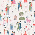 Valentine`s Day vector seamless pattern with cute couple.