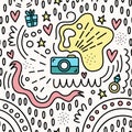 Valentine`s day. Vector seamless pattern in Doodle style. Camera, tape, moments, ring, hearts