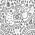 Valentine`s day. Vector seamless pattern in Doodle style. Camera, tape, moments, ring, hearts