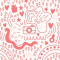 Valentine`s day. Vector seamless pattern in Doodle style. Camera, tape, moments, ring, hearts