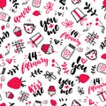 Valentine s Day vector seamless pattern. Isolated Artistic doodle drawings, lettering, love quotes. Royalty Free Stock Photo