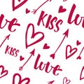 Valentine`s Day vector seamless pattern with words: love, kiss;