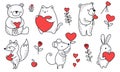 Valentine's Day Vector Set. Cute animals in doodle style holding hearts, bear, mouse, fox, cat, hare. Different