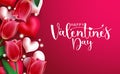 Valentine`s day vector template design. Happy valentines typography text with tulips and hearts elements in red space for love.