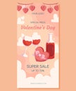 Valentine\'s Day vertical Super Sale banner template design. Bottle and two glass of wine, box with chocolatte in heart shape Royalty Free Stock Photo