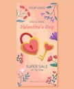 Valentine\'s Day vertical Super Sale banner template design. Lock and key in heart shape, gold and pink color with floral Royalty Free Stock Photo