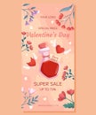 Valentine\'s Day vertical Super Sale banner template design. Love potion bottle two heart with wings demon and angel, flower Royalty Free Stock Photo