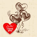 Valentine`s Day vintage background. Hand drawn illustration with heart. Balloons in heart form