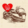 Valentine`s Day vintage background. Hand drawn illustration with heart form banner.