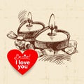 Valentine`s Day vintage background. Hand drawn illustration with heart. Candles with rose petals