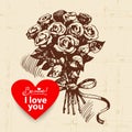 Valentine`s Day vintage background. Hand drawn illustration with heart. Rose bouquet Royalty Free Stock Photo