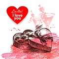 Valentine`s Day vintage background. Hand drawn illustration with heart form banner