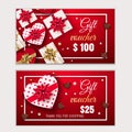 Valentine`s day Voucher, Gift certificate, Coupon template with frame, bow, ribbons, present in heart shape and pearl Royalty Free Stock Photo