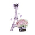 Purple eiffel tower with a bouquet of roses