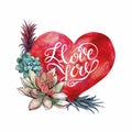 Valentine`s day. Watercolor heart and succulents. Lettering.