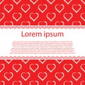 Valentine`s day or Wedding card. White hearts on red vector background and stripe for text