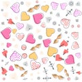 Valentine`s Day, wedding Memphis pattern. 80s, 90s image with hearts, arrows, cupid`s wings and marriage geometric elements desig