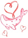 Valentine`s Day Whale Watercolor Illustration