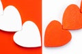 Valentine`s Day. White wooden hearts on a red background. Blank for the designer. Valentines day concept. Greeting card