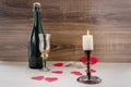 Valentine`s Day. wine, candles, small heart Royalty Free Stock Photo