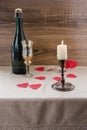 Valentine`s Day. wine, candles, small heart