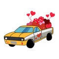 Valentine`s Day. Yellow pickup truck with hearts. Postcard design. t-shirt composition, Banner for website. Vector illustration.