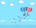 Valentine s Day. A young joyful couple flies in balloons over the scenery. illustration