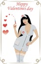 Valentine\'s Day. A young and sexy nurse holds a syringe in her hand. Red hearts fly out of the syringe. The nurse smiles.