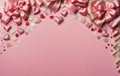 Valentine\'s Delight: Curly Silk Ribbons, Shiny Sequins, and Heart-Shaped Confetti on a Pastel Pink Canvas