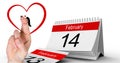 Valentine`s fingers love couple and 14 February calendar