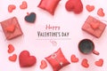 Valentine`s greeting card. Red hearts, gift boxes, cup of coffee with cheers on pink. Top view