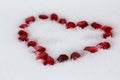 Valentine`s heart shape made by pomegranate seeds on white snow.