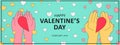 Valentine`s Illustration With Hands Offering Heart Halves, Turquoise Background, Panorama