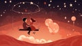 Valentine\'s illustrations with a couple admiring the stars at night