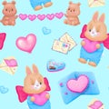 A valentineÃ¢â¬â¢s love pattern of cute bunnies, hearts, letters, postcards and ceremonial elements and decorations