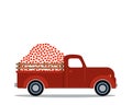 Valentine`s Red Truck with Hearts. Flat vector illustration