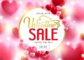 Valentine`s Sale Advertisement 3D Realistic Poster with Blurry Hearts Royalty Free Stock Photo