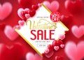 Valentine`s Sale Lovely Poster with Space for Text at the Middle in Red Background with Blurry Hearts