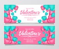 Valentine`s sale offer banner template with illustration of group pink and tosca heart shape