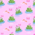 Cute couple frog and heart shape with lotus flower on pink color background.