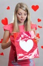 Valentine`s surprize, girl with gift bag