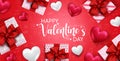 Valentine`s vector banner background. Happy valentine`s day text with gift and heart valentine elements for love celebration.