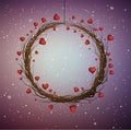Valentine s winter wreath, tree brenches with red hearts creating the wreath,