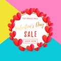 Valentine sale banner or poster design template of red hearts pattern and golden text calligraphy on frame background. Vector Vale