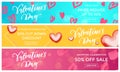 Valentine sale banners design template red heart pattern on floral background. Vector Valentines day fashion shopping season disco