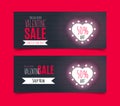 Valentine sale design banner with lamp heart in dark brick wall