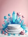 valentine scene, 3d render marble podium with blue crystal, pink heart, ai generated