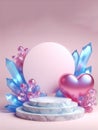 valentine 3d render marble podium with blue crystal, pink heart, ai generated