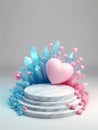 valentine scene, 3d render marble podium with blue crystal, pink heart, ai generated