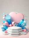 soft valentine marble podium with blue crystal, pink heart, ai generated